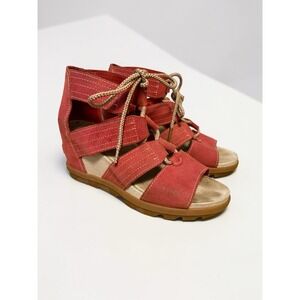SOREL Joanie Lace Up Wedge Sandals Booties Red Leather Women's Size 8